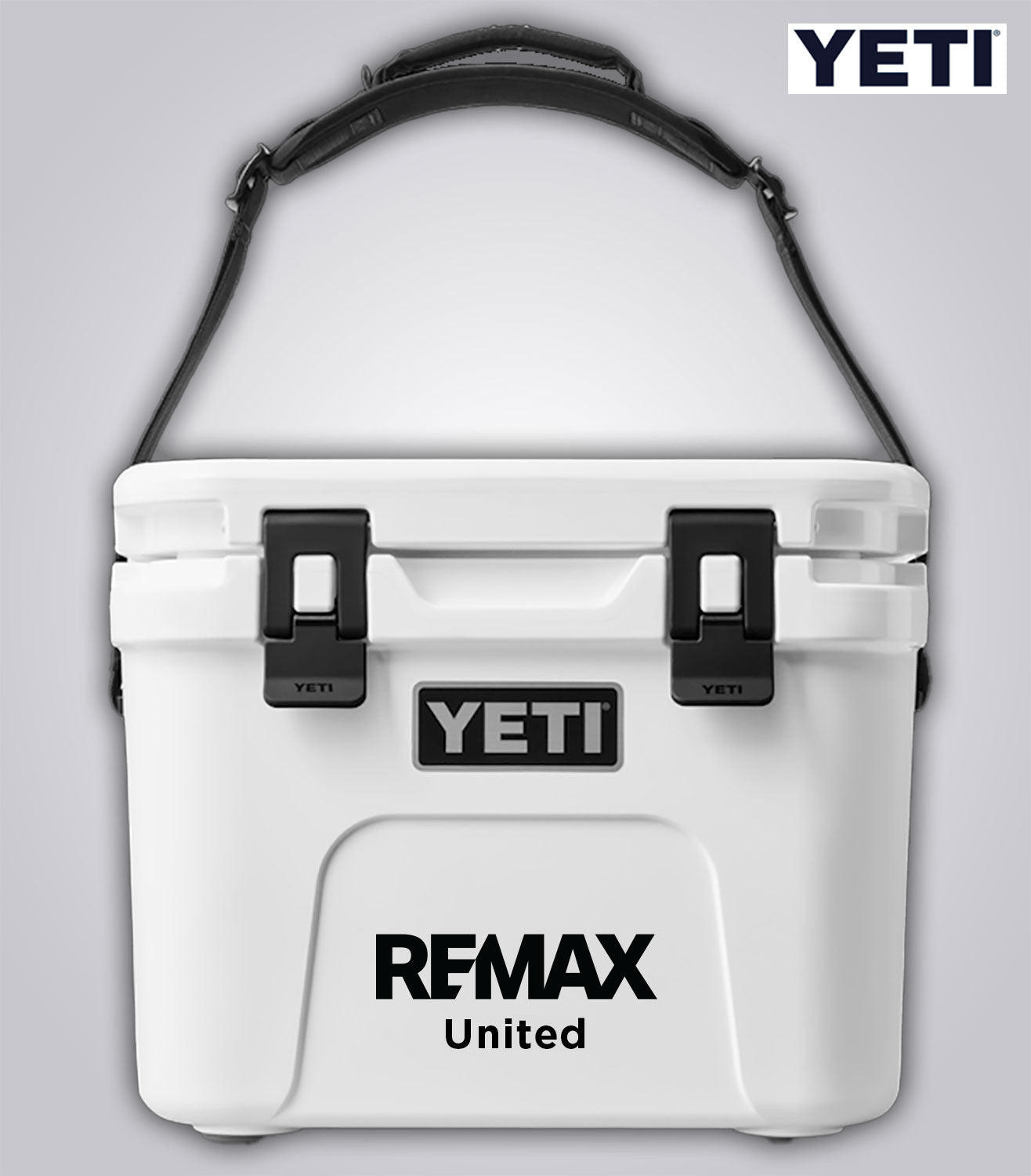 White YETI cooler with Remax branding on a gray background