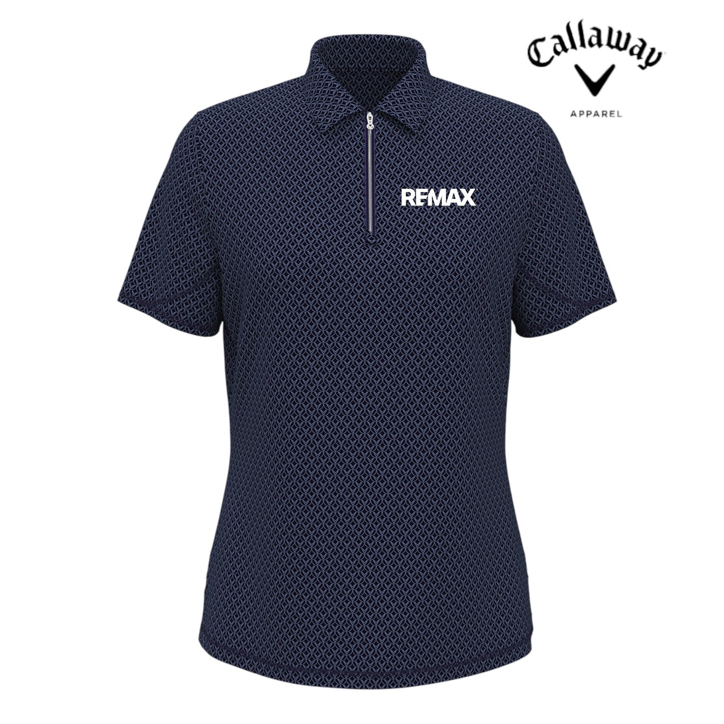 Navy blue polo shirt with REMAX logo on a white background, featuring Callaway Apparel branding.