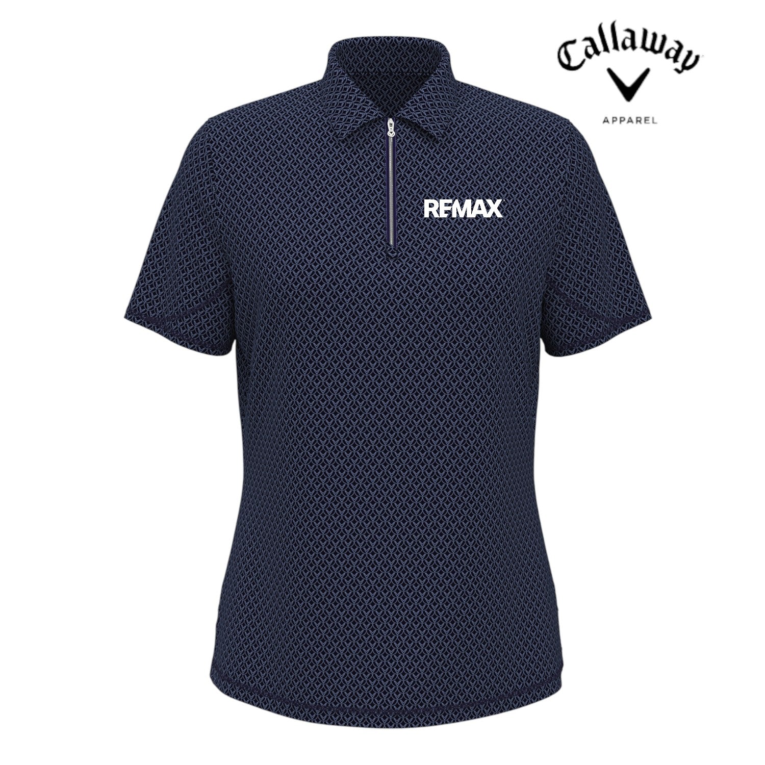 Navy blue polo shirt with REMAX logo on a white background, featuring Callaway Apparel branding.