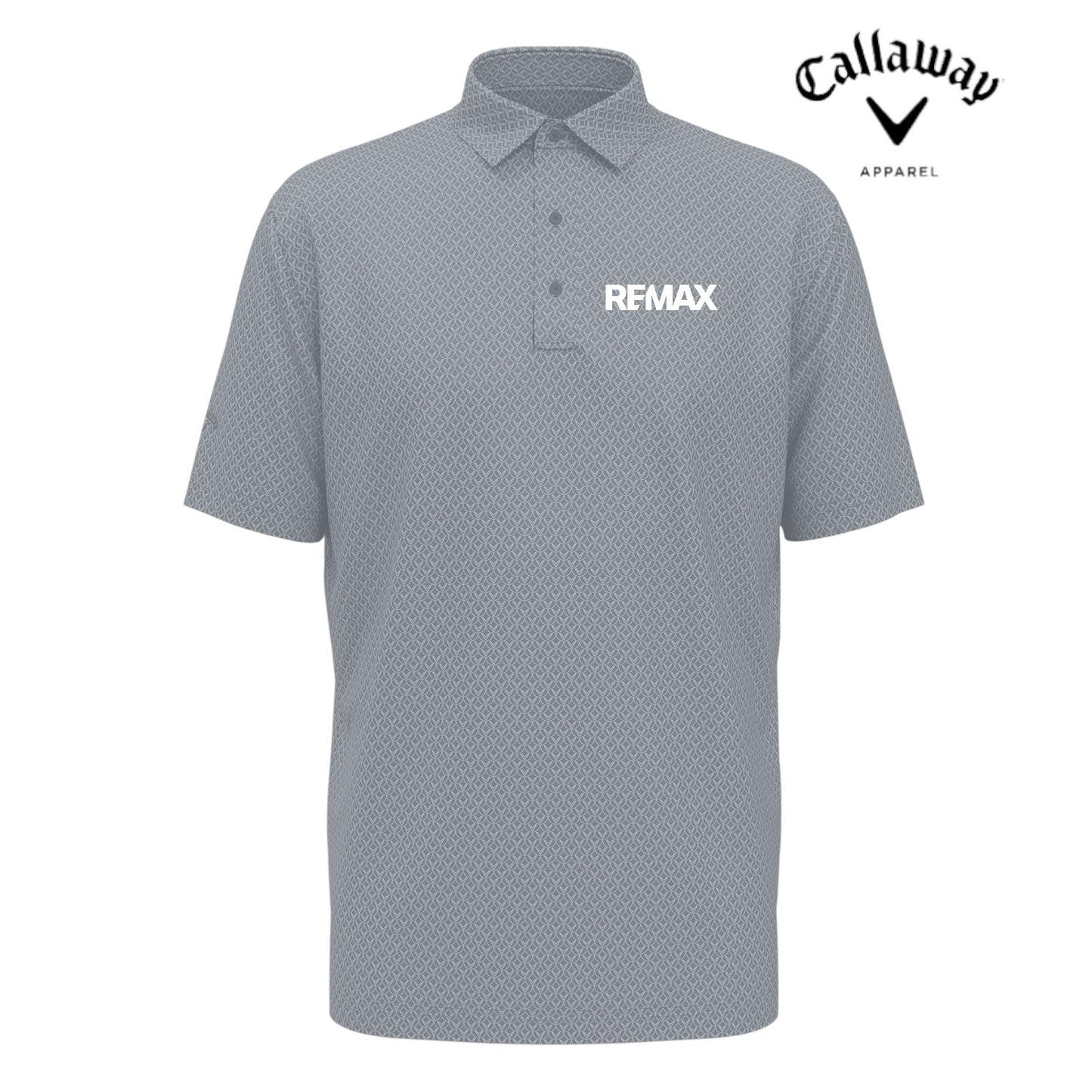 Gray patterned polo shirt with REMAX logo on a white background, featuring Callaway Apparel branding.