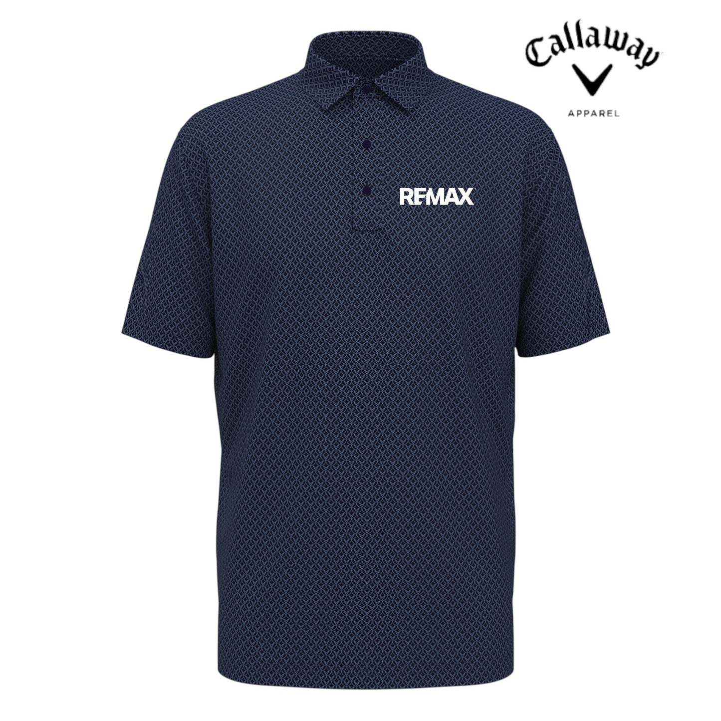 Navy blue polo shirt with REMAX logo on a white background, featuring Callaway Apparel branding.