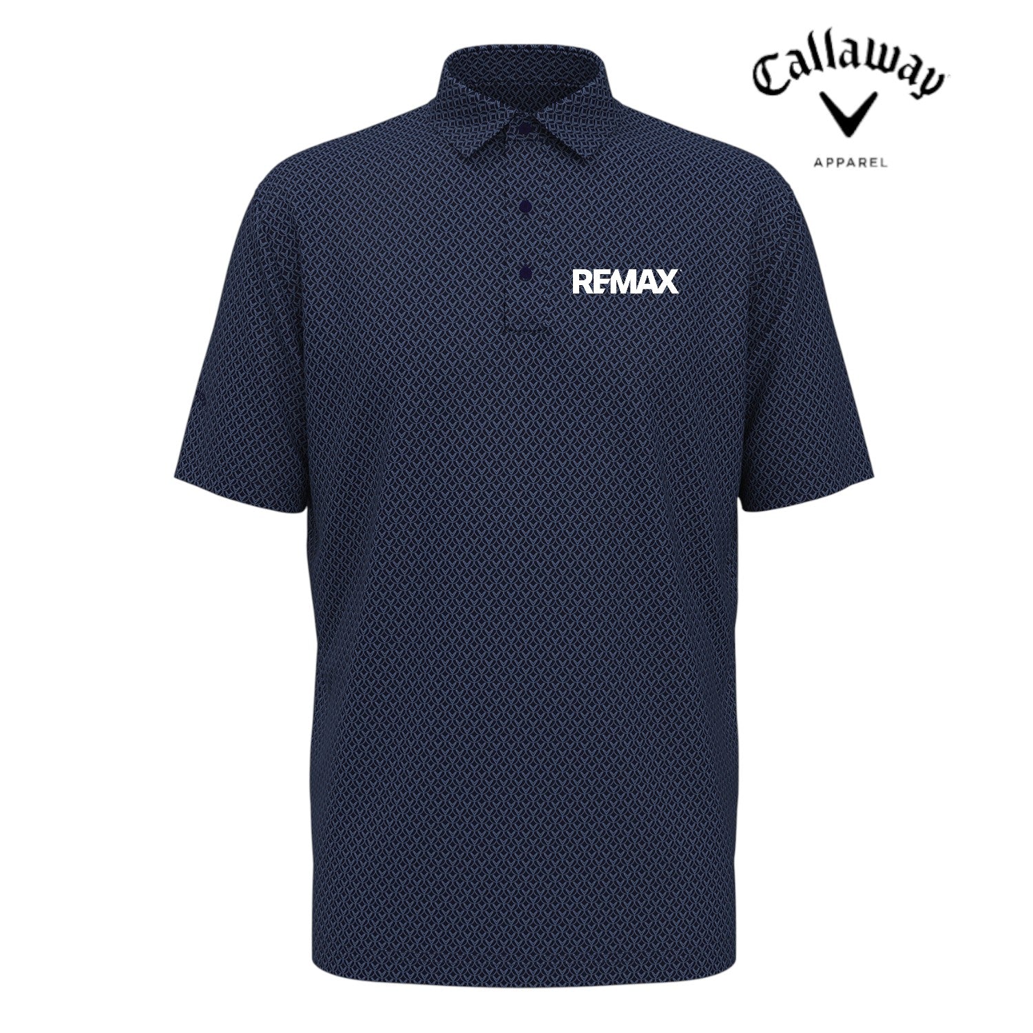 Navy blue polo shirt with REMAX logo on a white background, featuring Callaway Apparel branding.