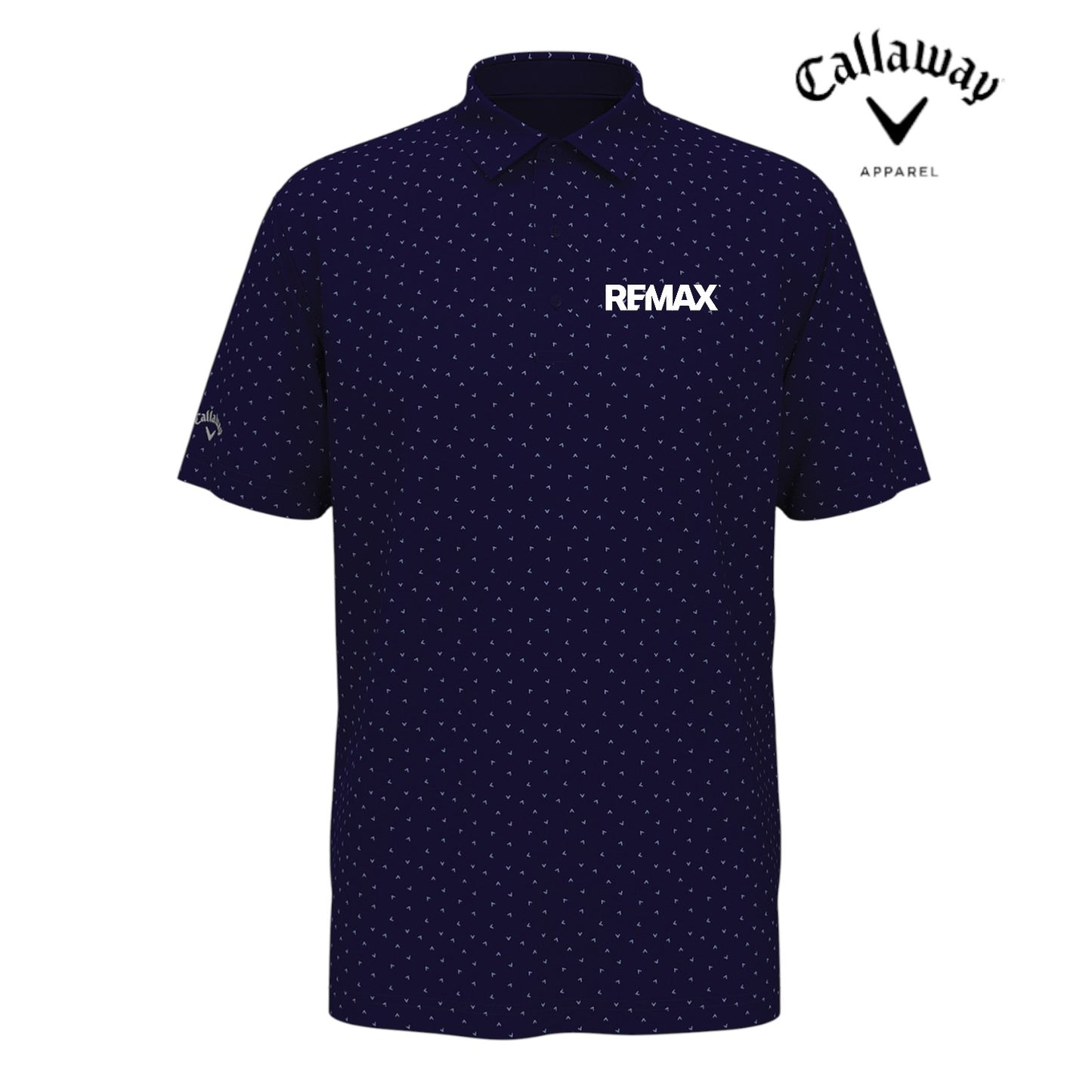 Navy blue polo shirt with white pattern and REMAX logo, Callaway Apparel brand visible.