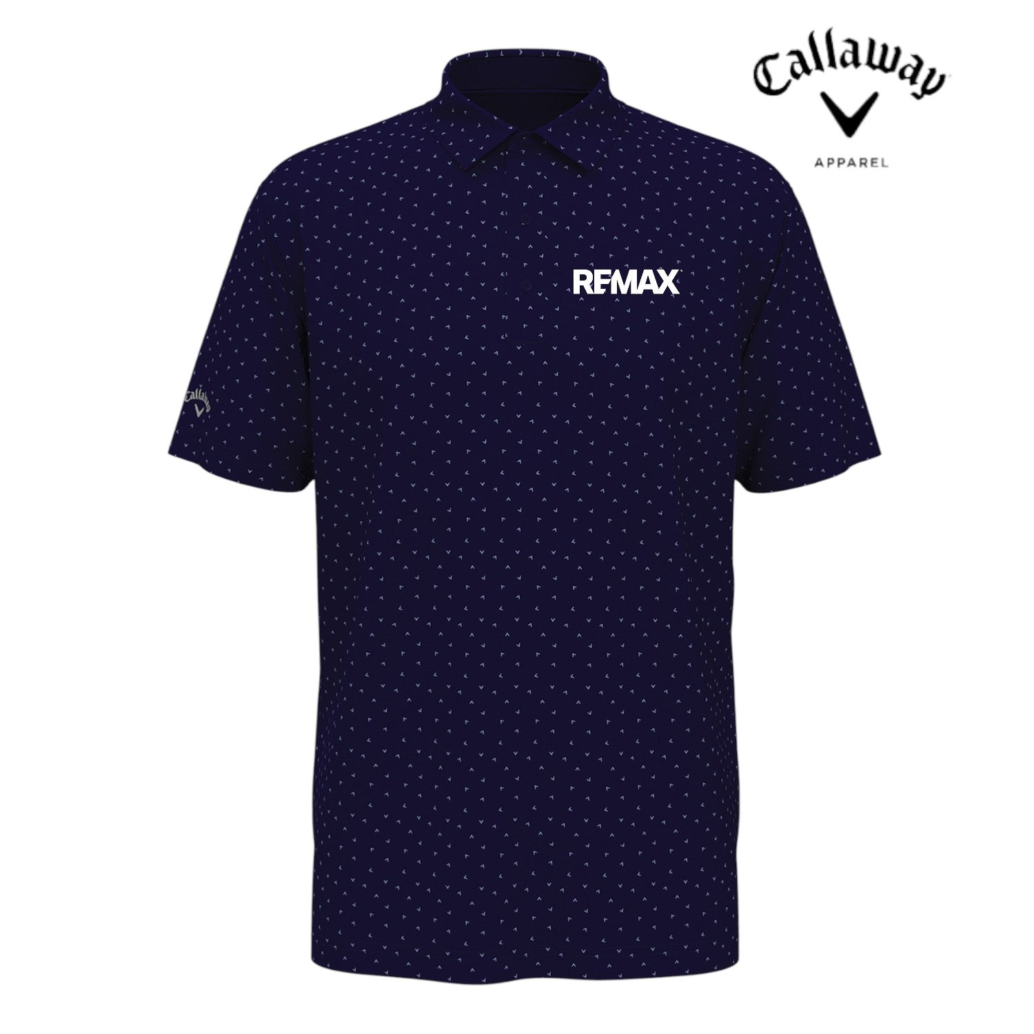 Navy blue polo shirt with white pattern and REMAX logo, Callaway Apparel brand visible.