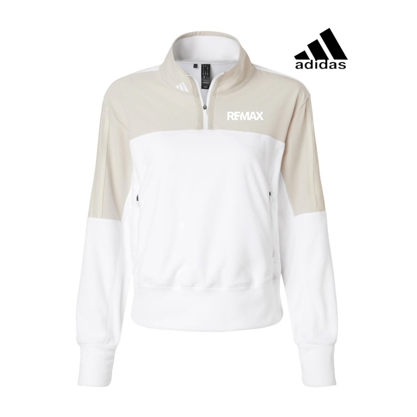 Beige and white jacket with REMAX branding on a white background, featuring Adidas logo.