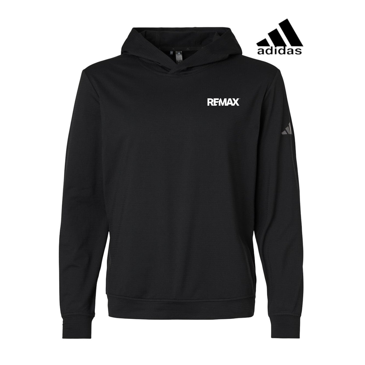 Black hoodie with Adidas logo on a white background