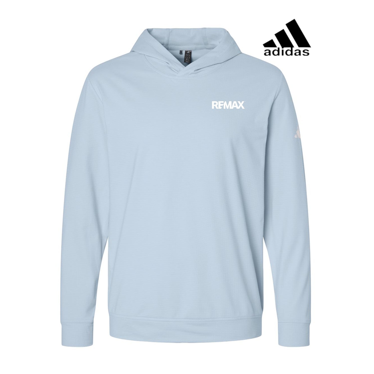 Light blue hoodie with Adidas logo on a white background