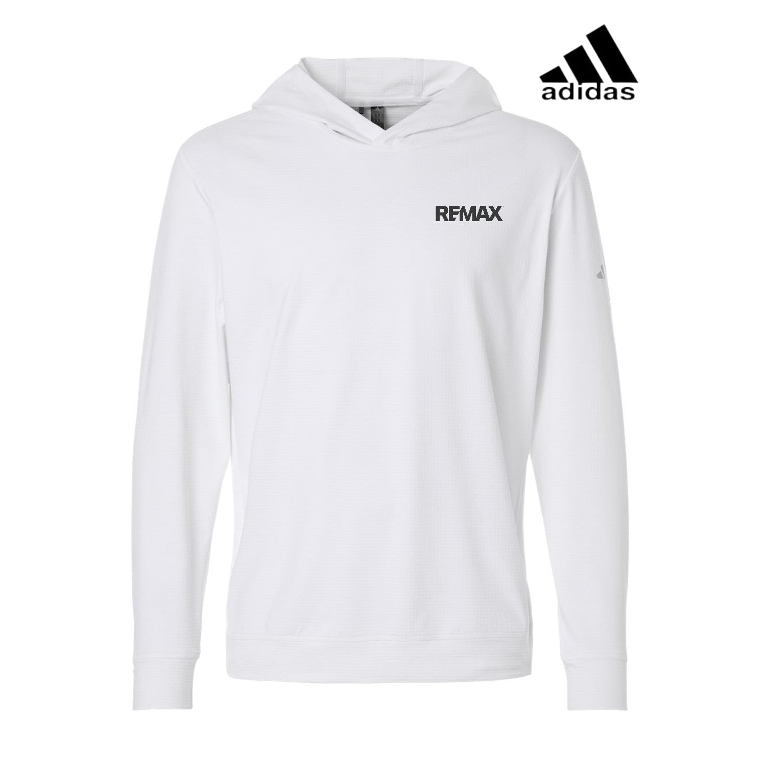 White hoodie with Adidas and REMAX logos on a white background