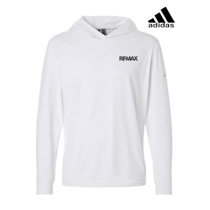 White hoodie with Adidas and REMAX logos on a white background