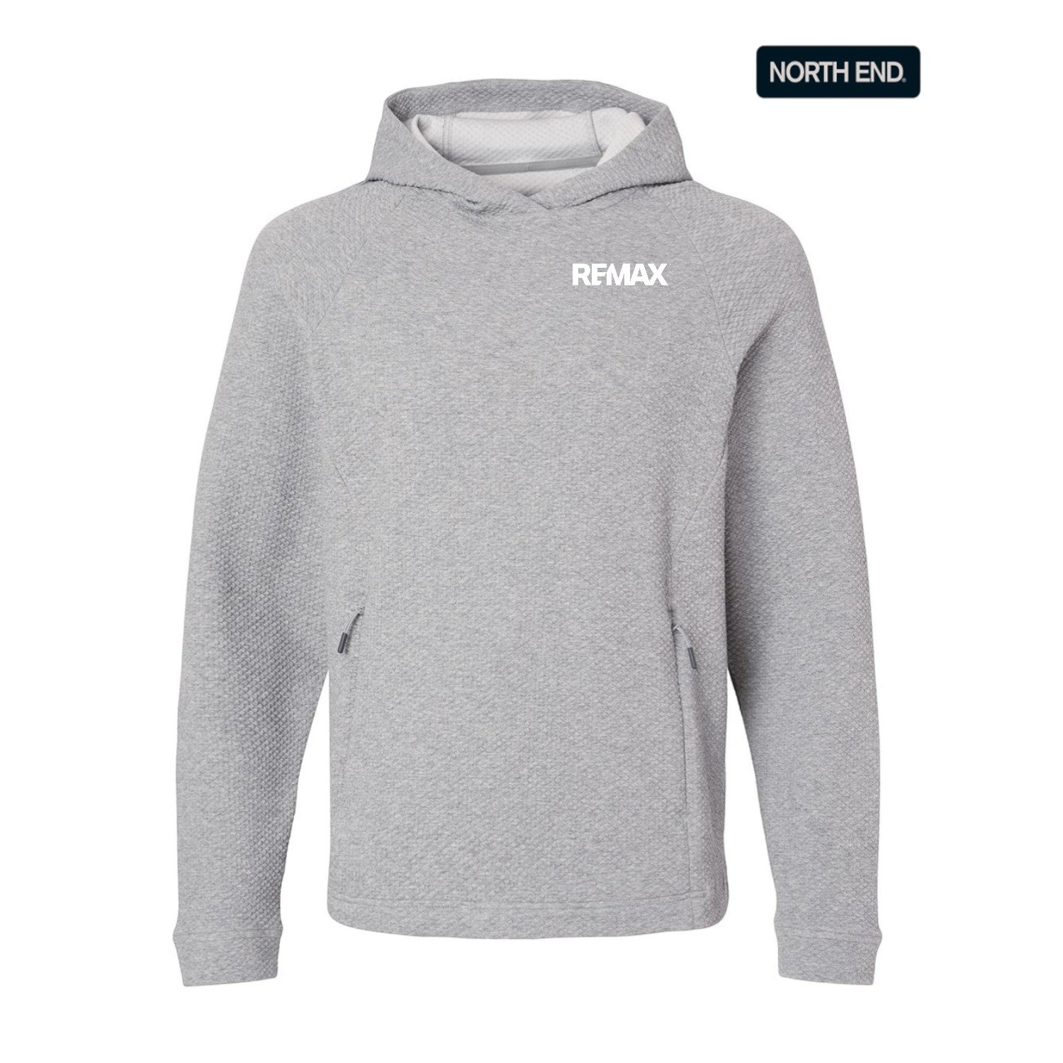 Gray hoodie with 'REMAX' logo on a white background