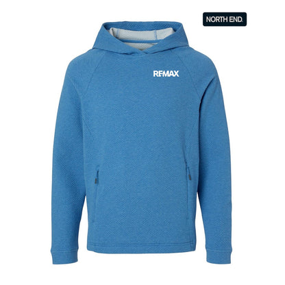 Blue hoodie with 'REMAX' logo on a white background