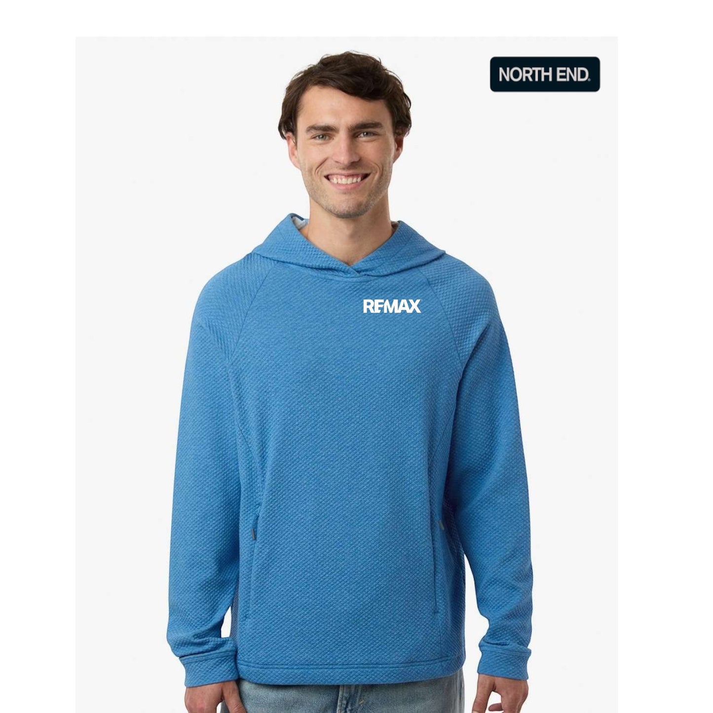 Man wearing a blue hoodie with 'REMAX' logo on a white background