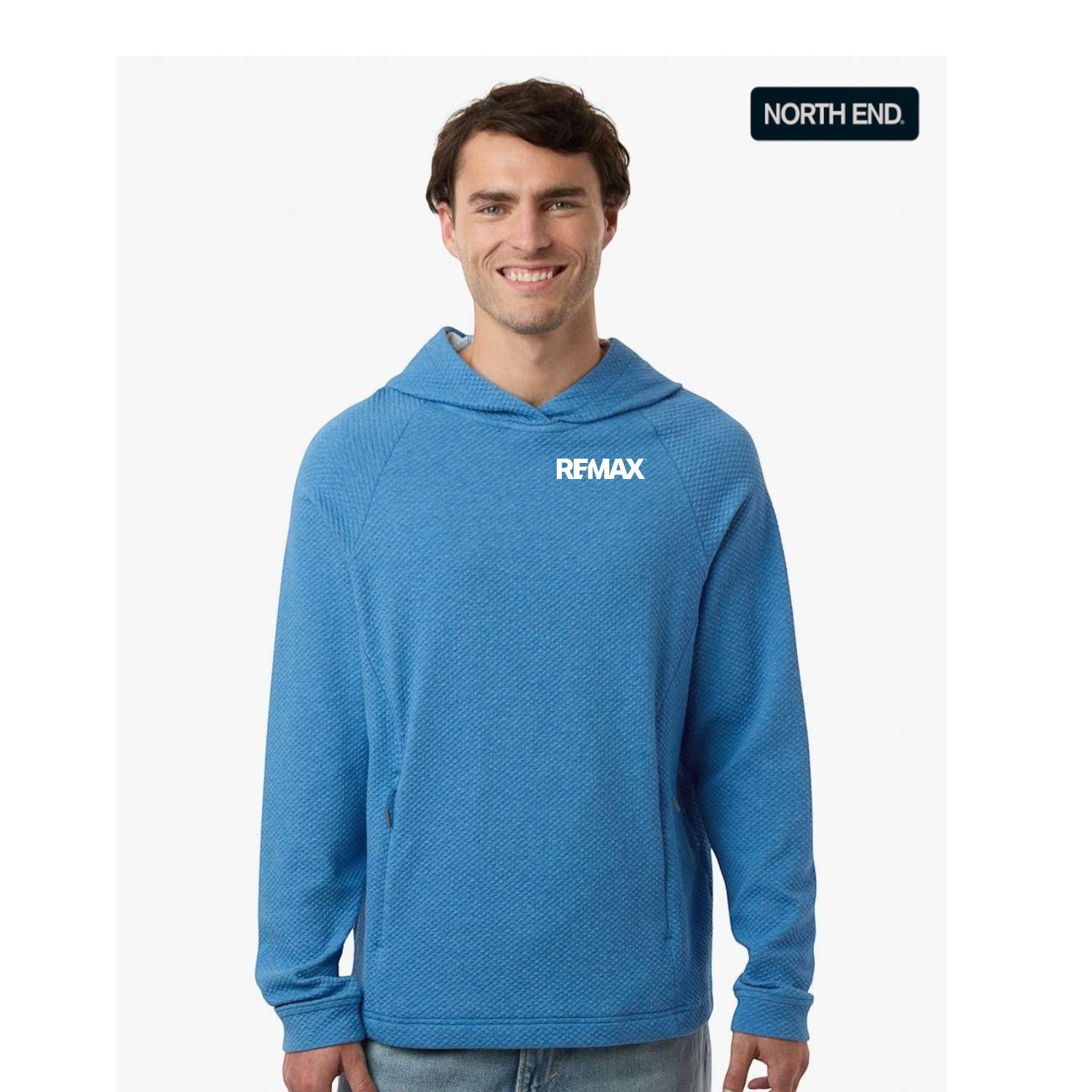 Man wearing a blue hoodie with 'REMAX' logo on a white background