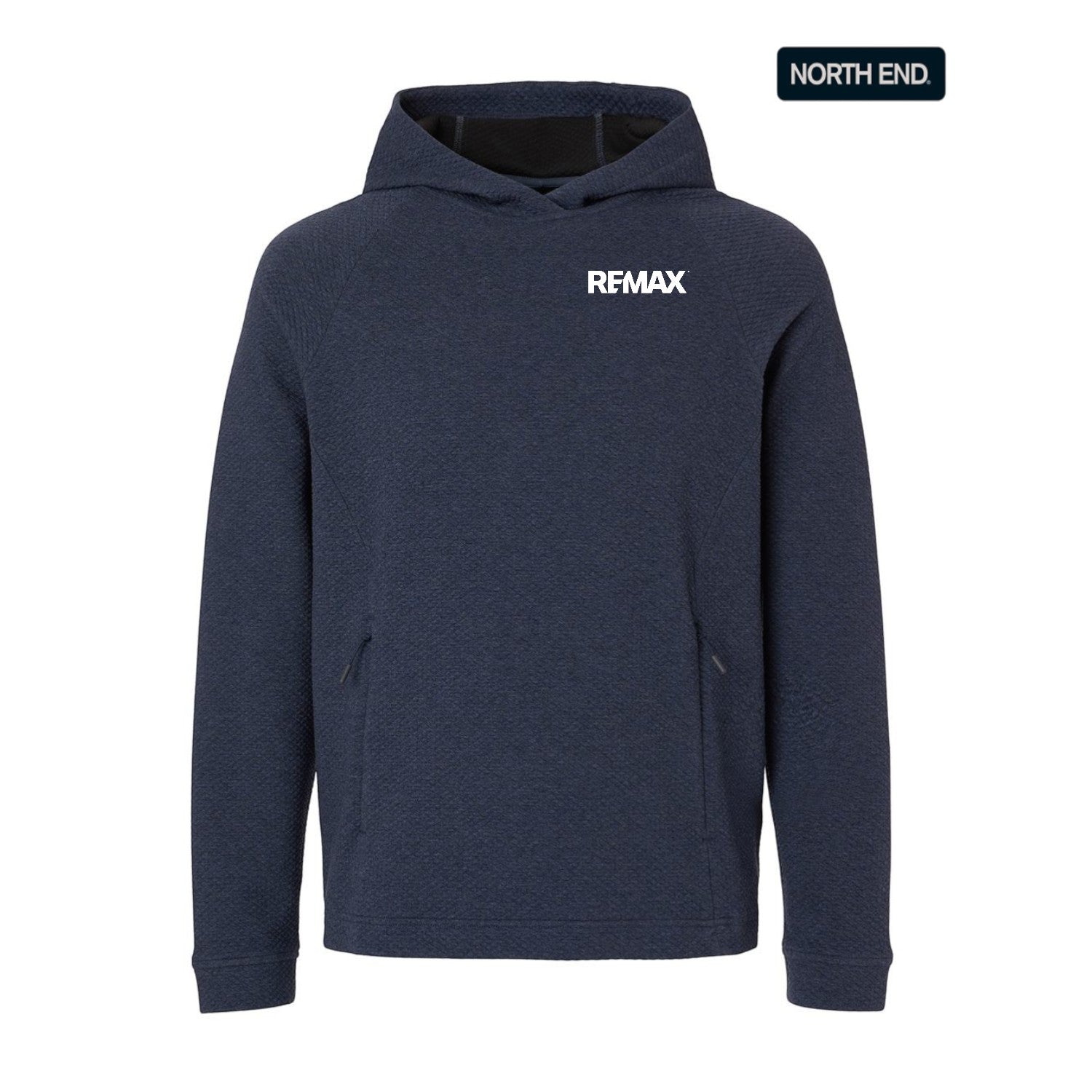 Navy hoodie with 'REMAX' logo on a white background