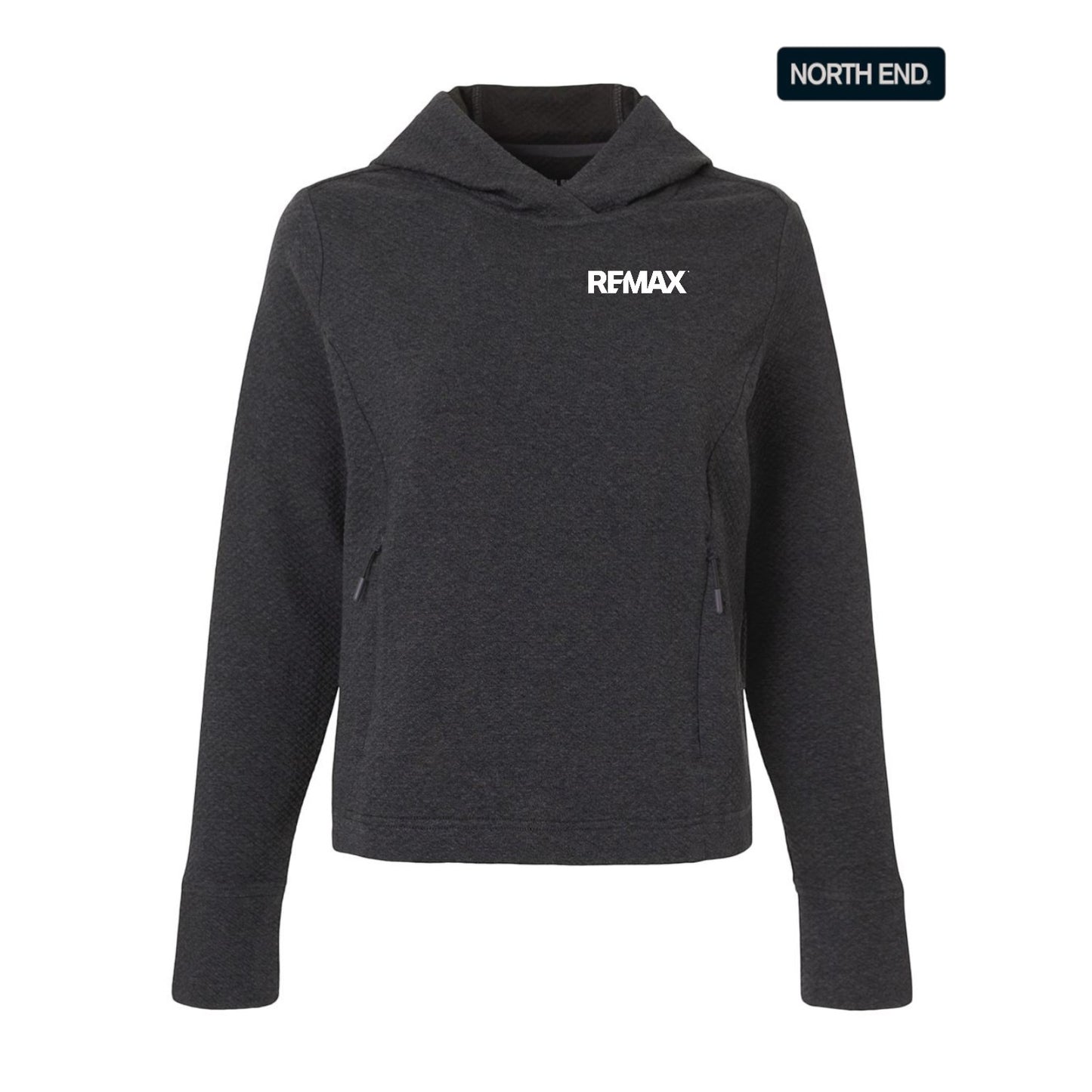 Dark gray hoodie with 'REMAX' logo on a white background