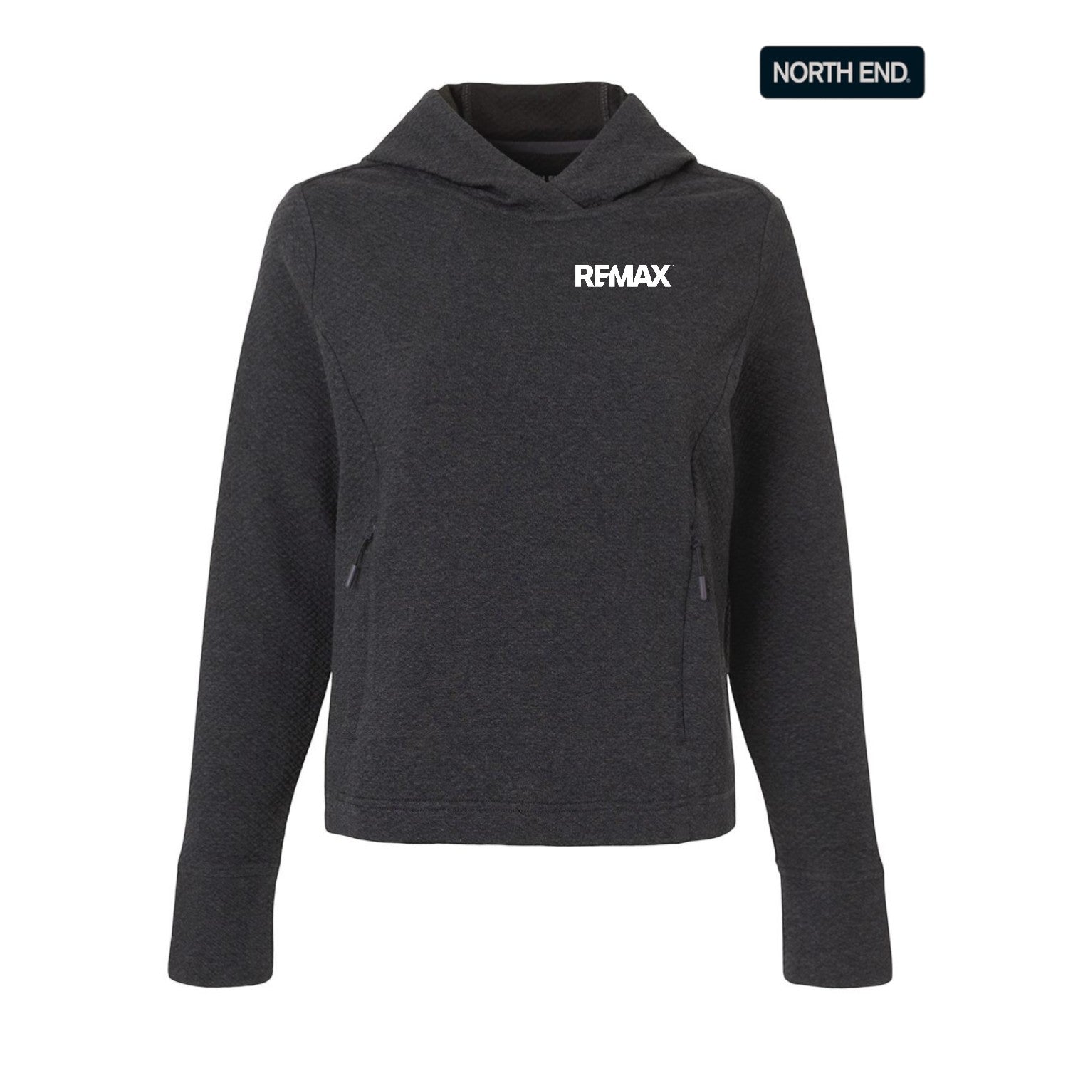 Dark gray hoodie with 'REMAX' logo on a white background