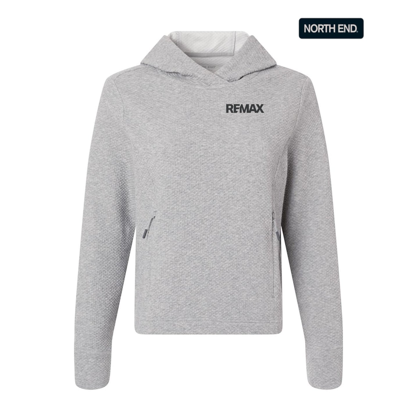 Gray hoodie with REMAX branding on a white background