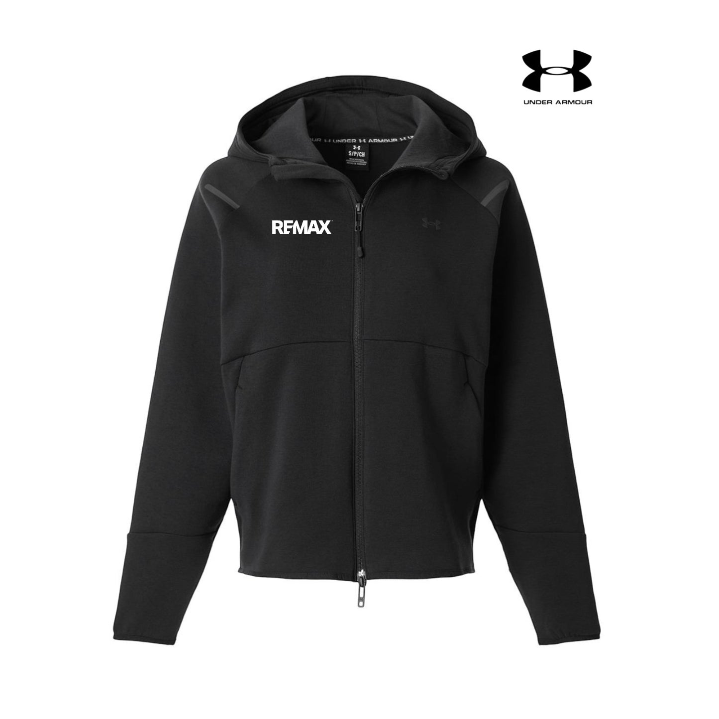 Black hoodie with 'REMAX' branding on a white background, featuring Under Armour logo.