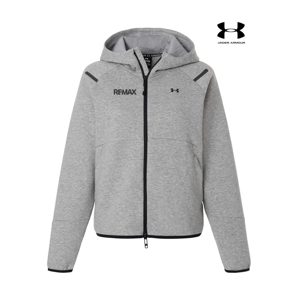 Gray hoodie with REMAX and Under Armour logos on a white background