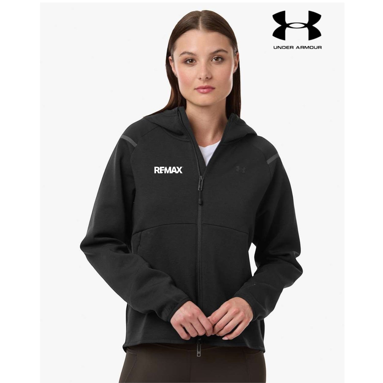 Woman wearing a black hoodie with REMAX logo on a white background, featuring Under Armour logo.