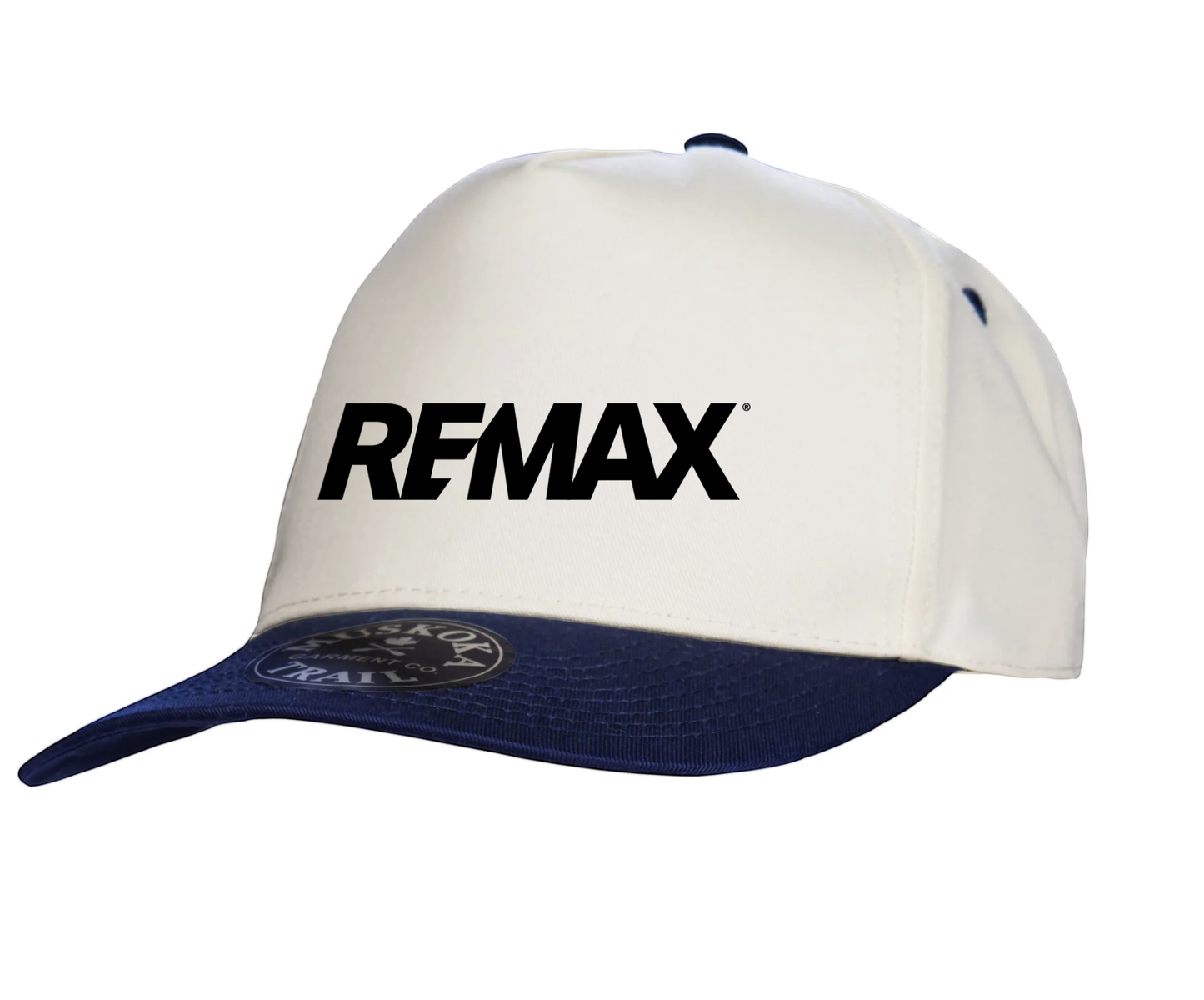 White and navy cap with REMAX logo on a white background