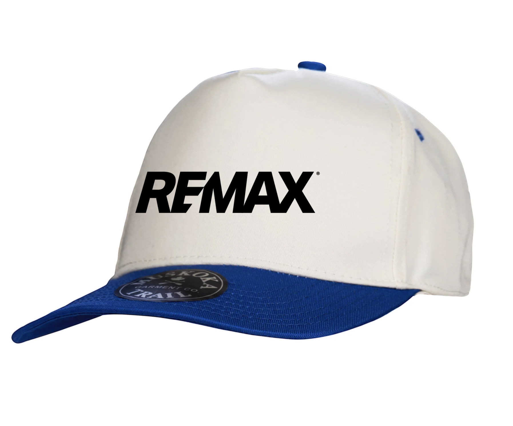 White and blue cap with REMAX logo on a white background
