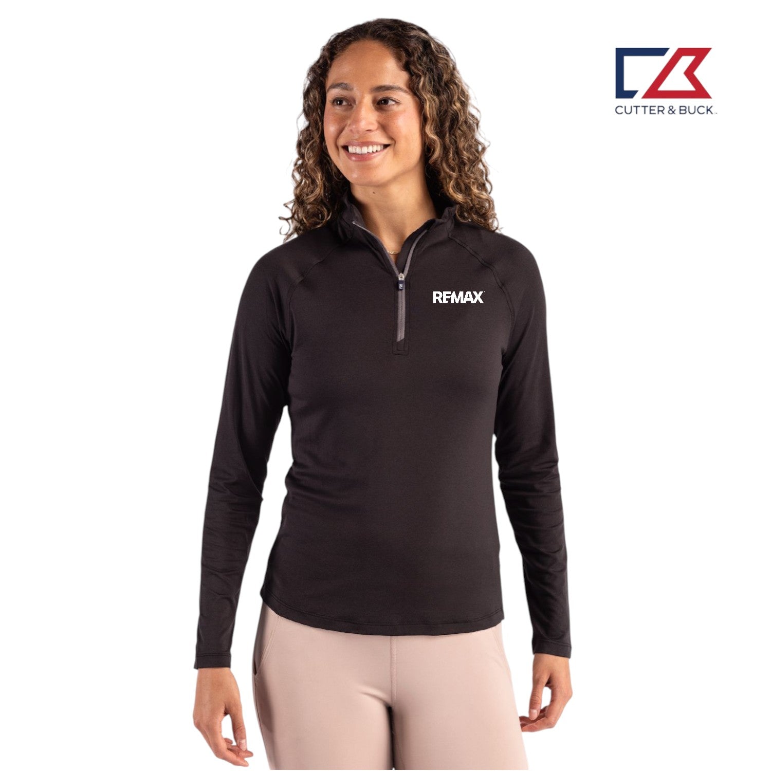 Woman wearing a black long-sleeve shirt with Remax logo on a white background