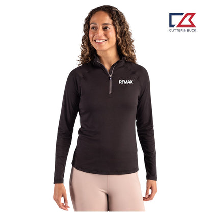 Woman wearing a black long-sleeve shirt with Remax logo on a white background