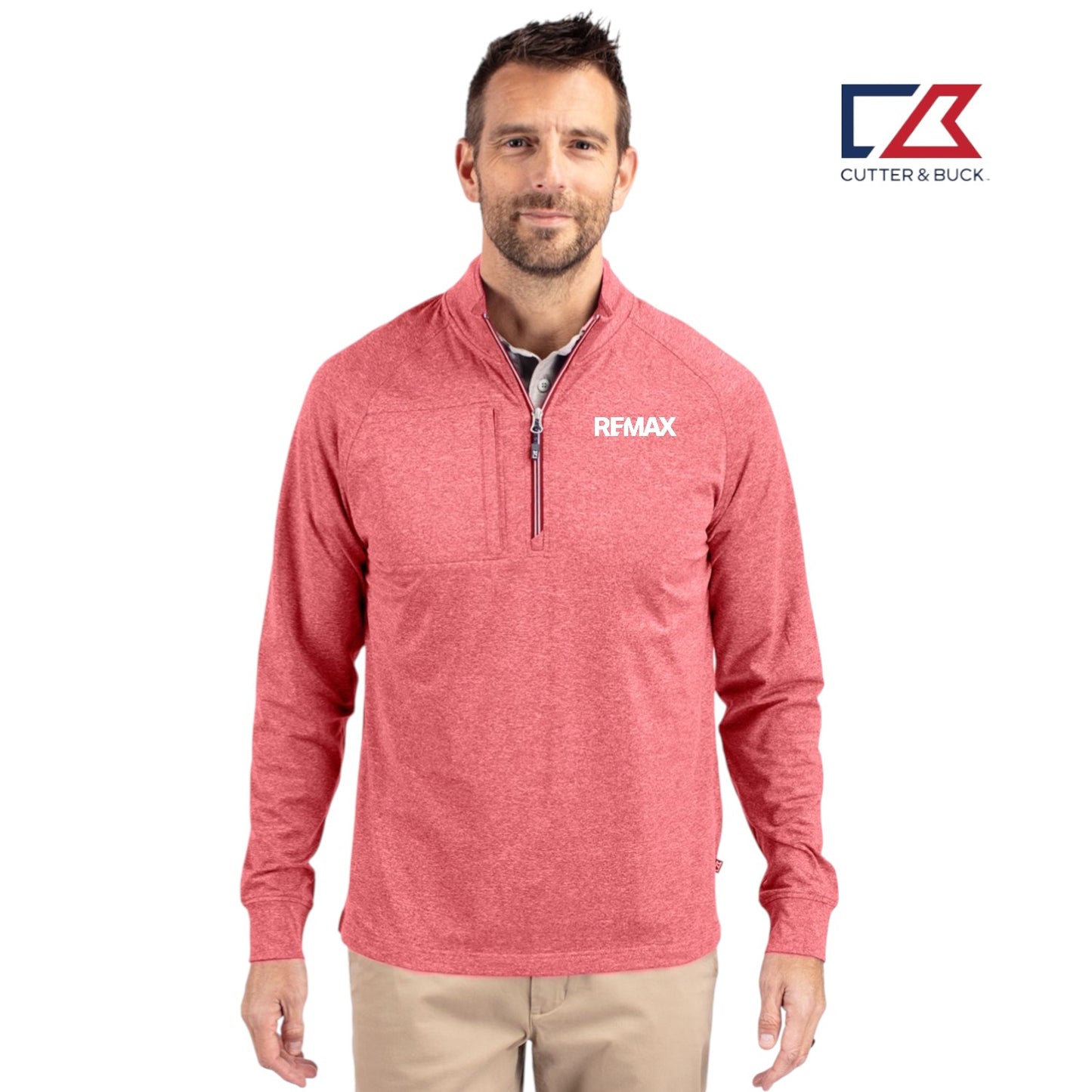 Man wearing a red pullover with 'REMAX' logo and Cutter & Buck logo in the corner.