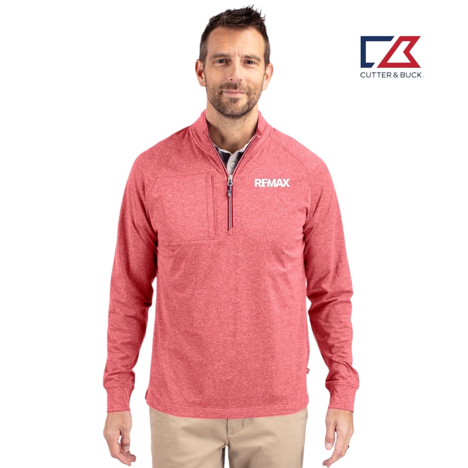 Man wearing a red pullover with 'REMAX' logo and Cutter & Buck logo in the corner.