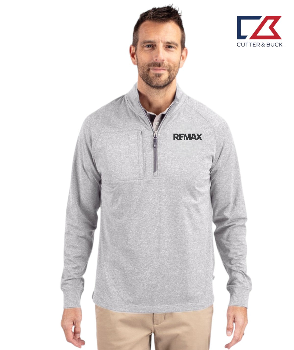 Man wearing a gray pullover with 'REMAX' logo on a white background