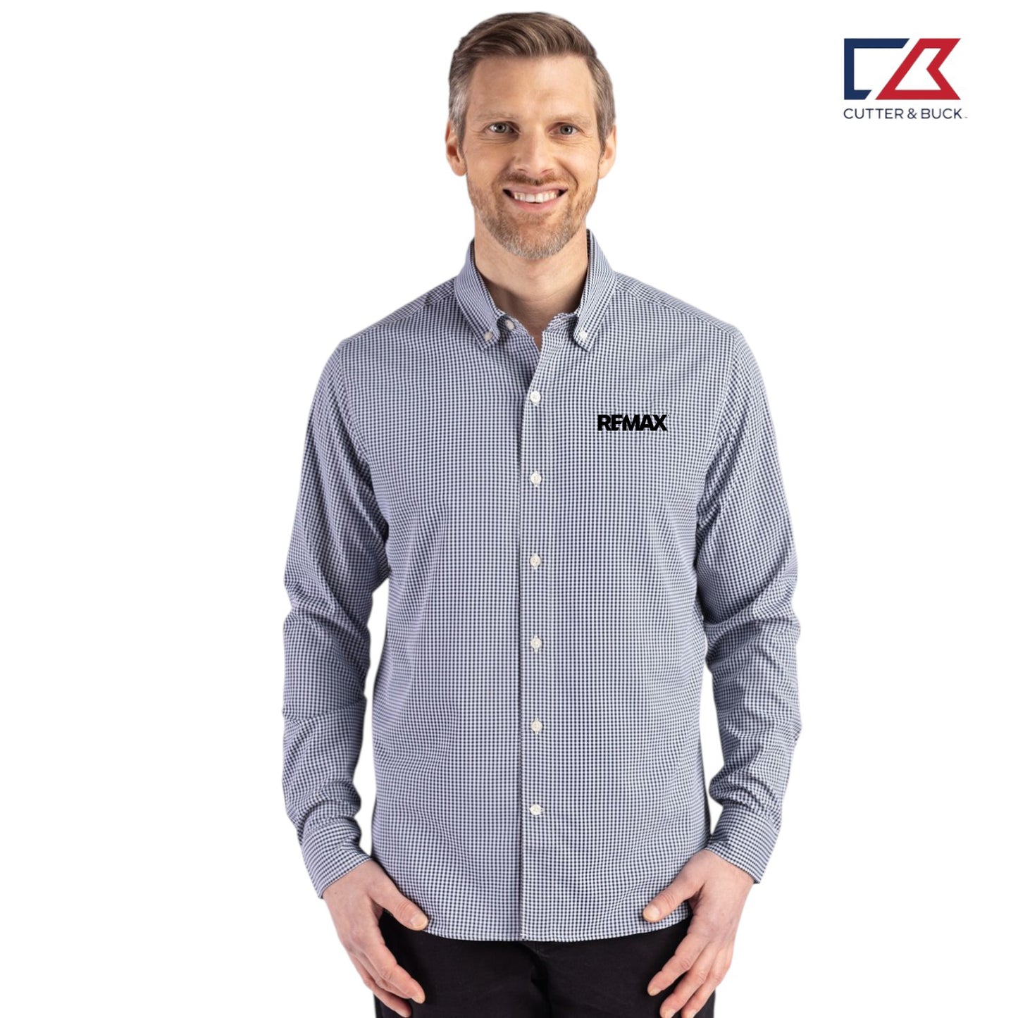 Man wearing a checkered shirt with Remax logo on a white background