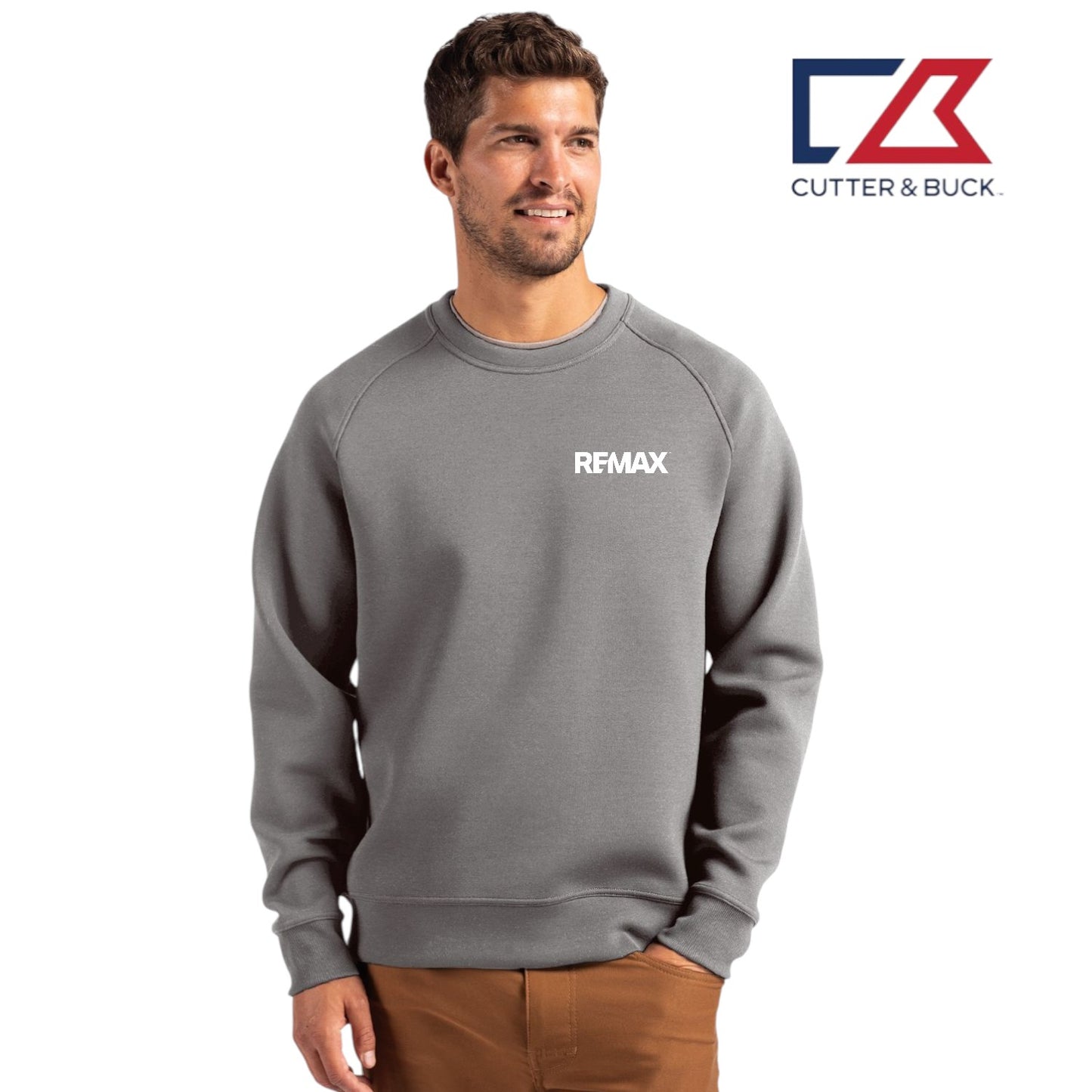 Man wearing a gray sweatshirt with 'REMAX' logo and Cutter & Buck logo in the corner.