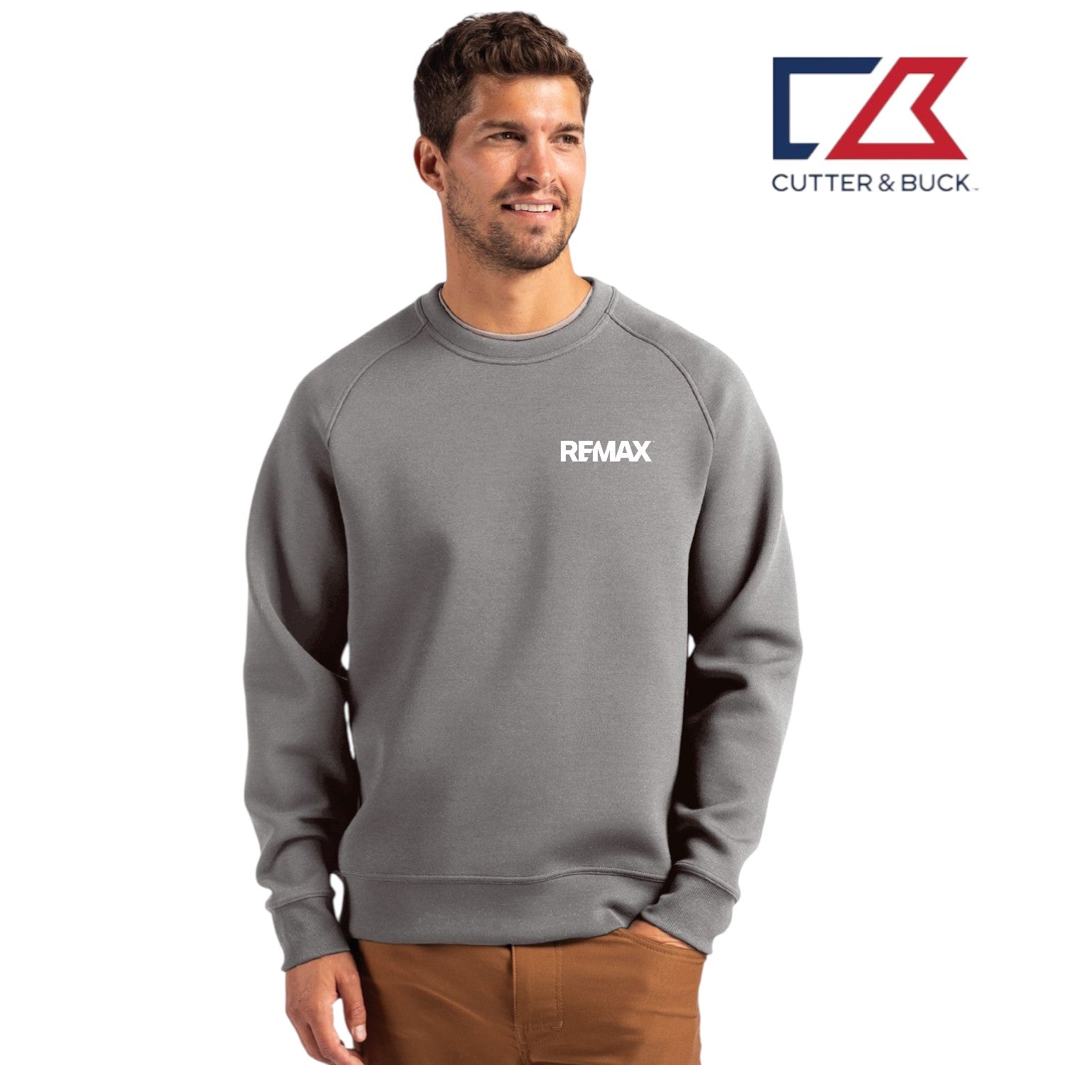 Man wearing a gray sweatshirt with 'REMAX' logo and Cutter & Buck logo in the corner.