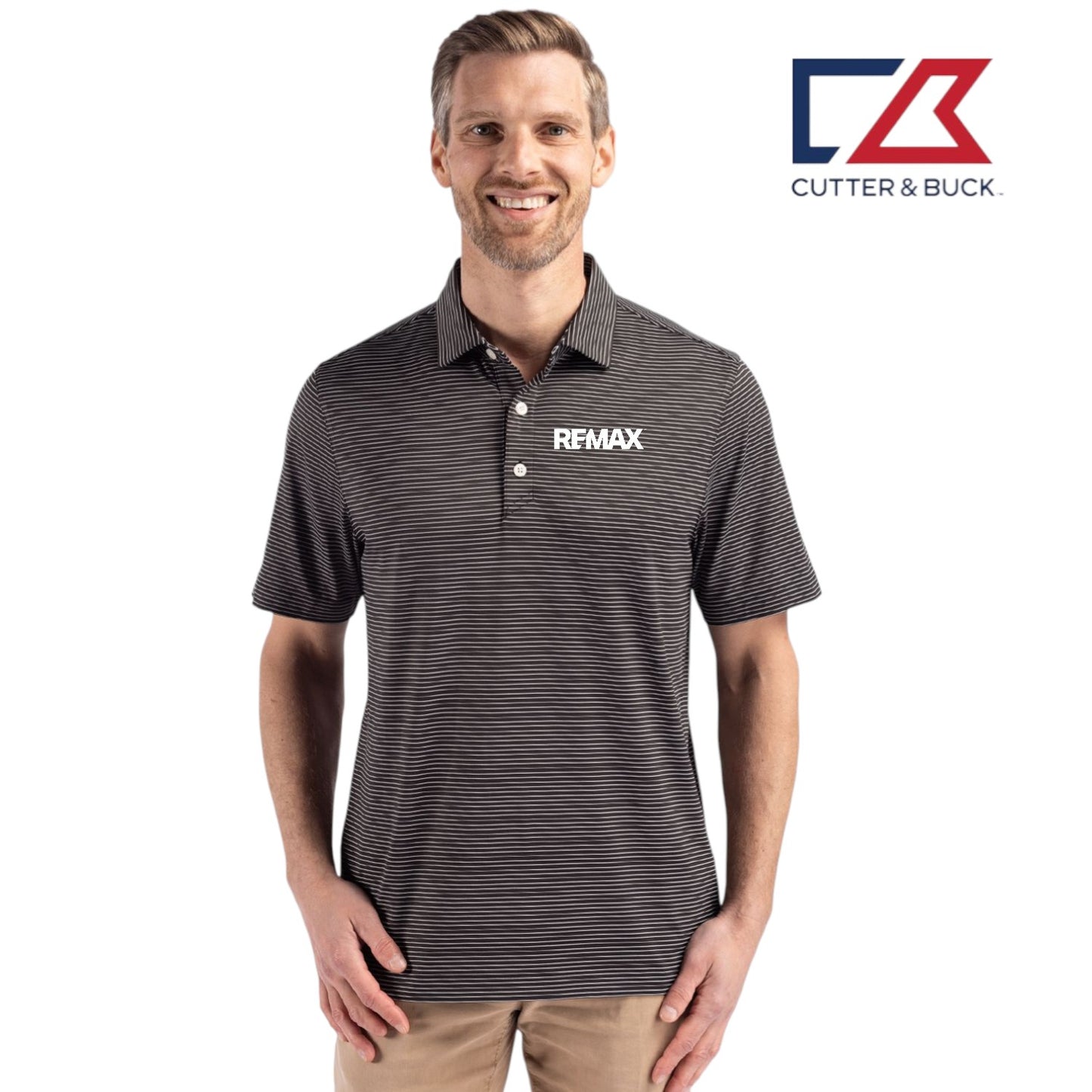 Man wearing a striped polo shirt with REMAX logo and Cutter & Buck logo on a white background