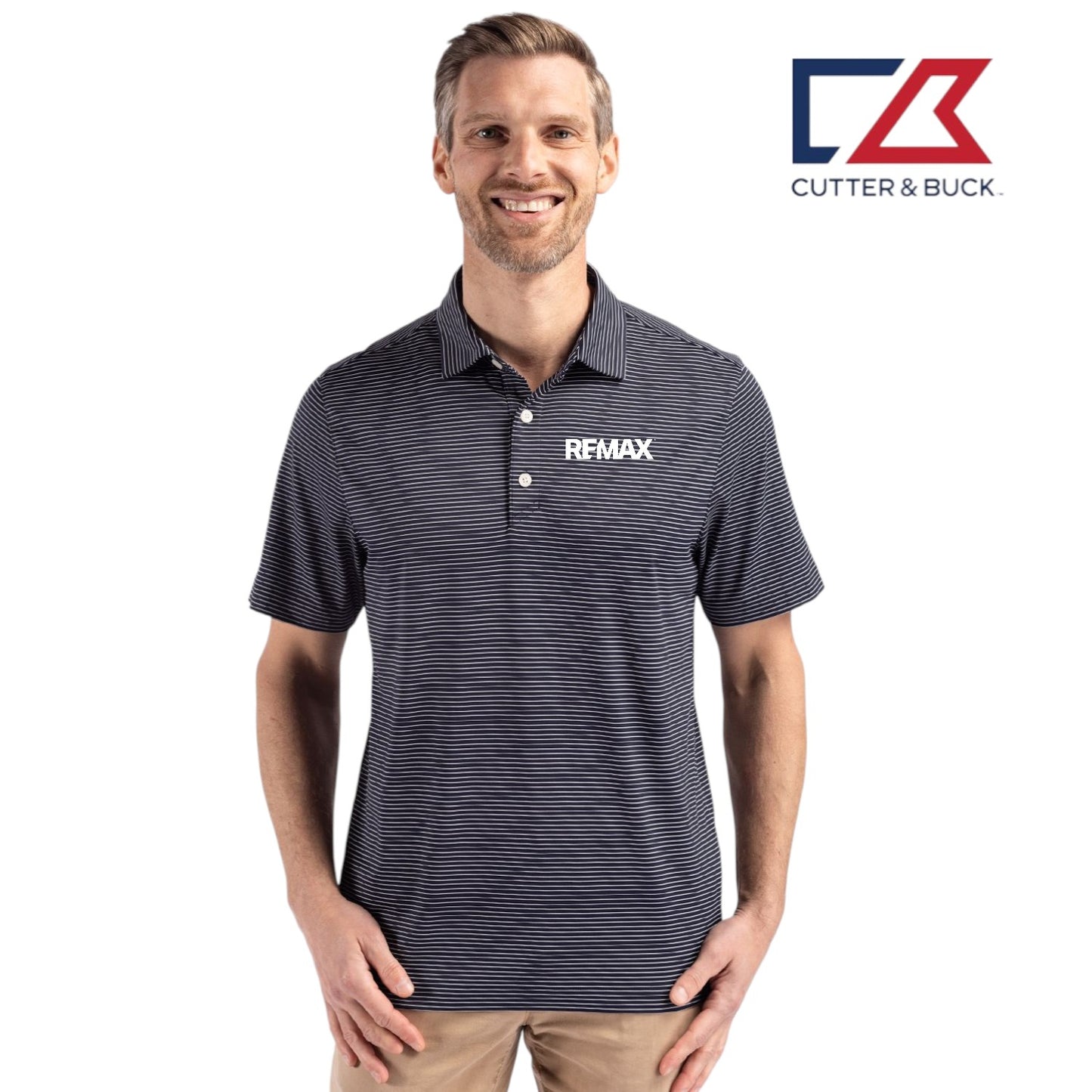 Man wearing a striped polo shirt with Remax logo, standing against a white background with Cutter & Buck logo.