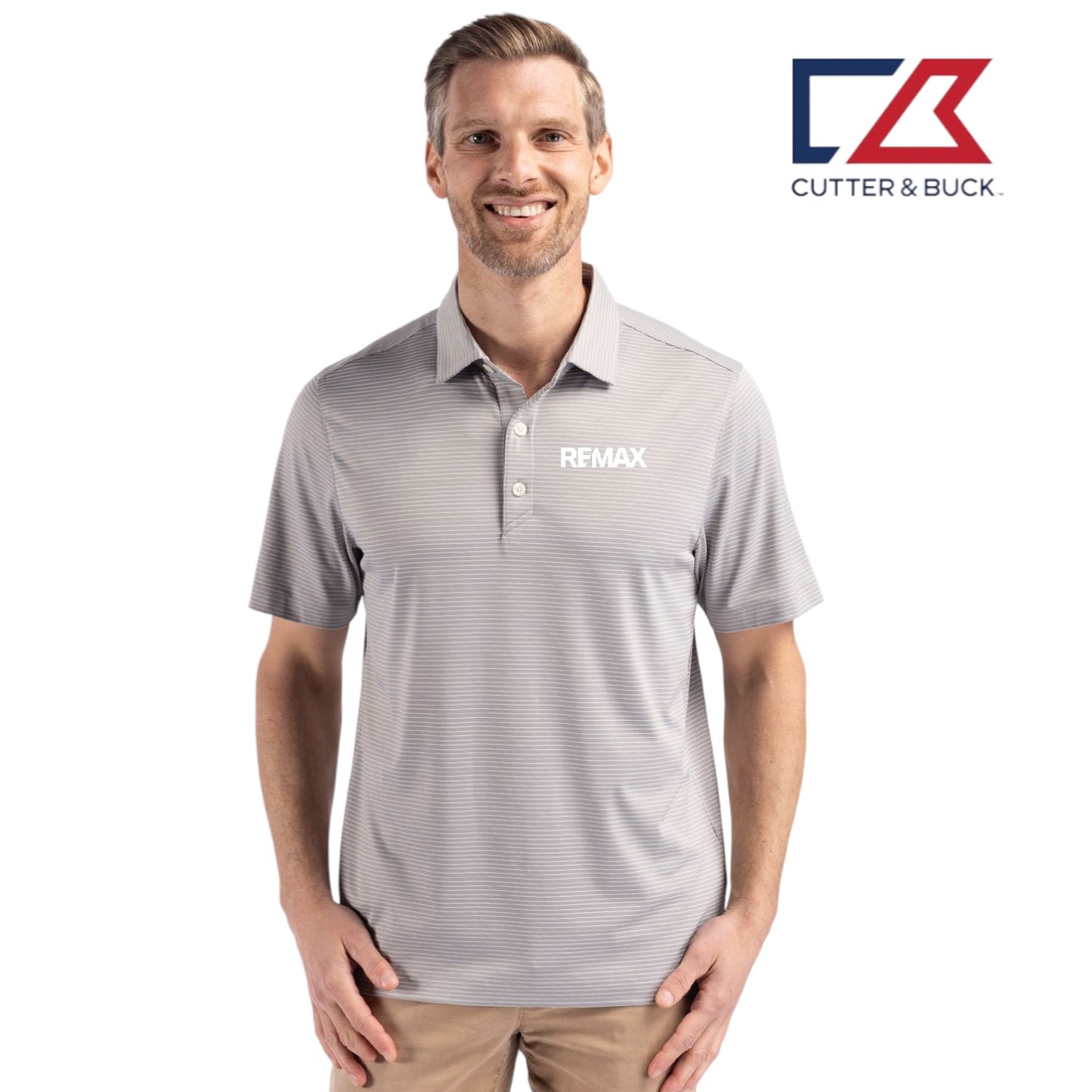 Man wearing a gray striped polo shirt with Remax logo, standing against a white background with Cutter & Buck logo.