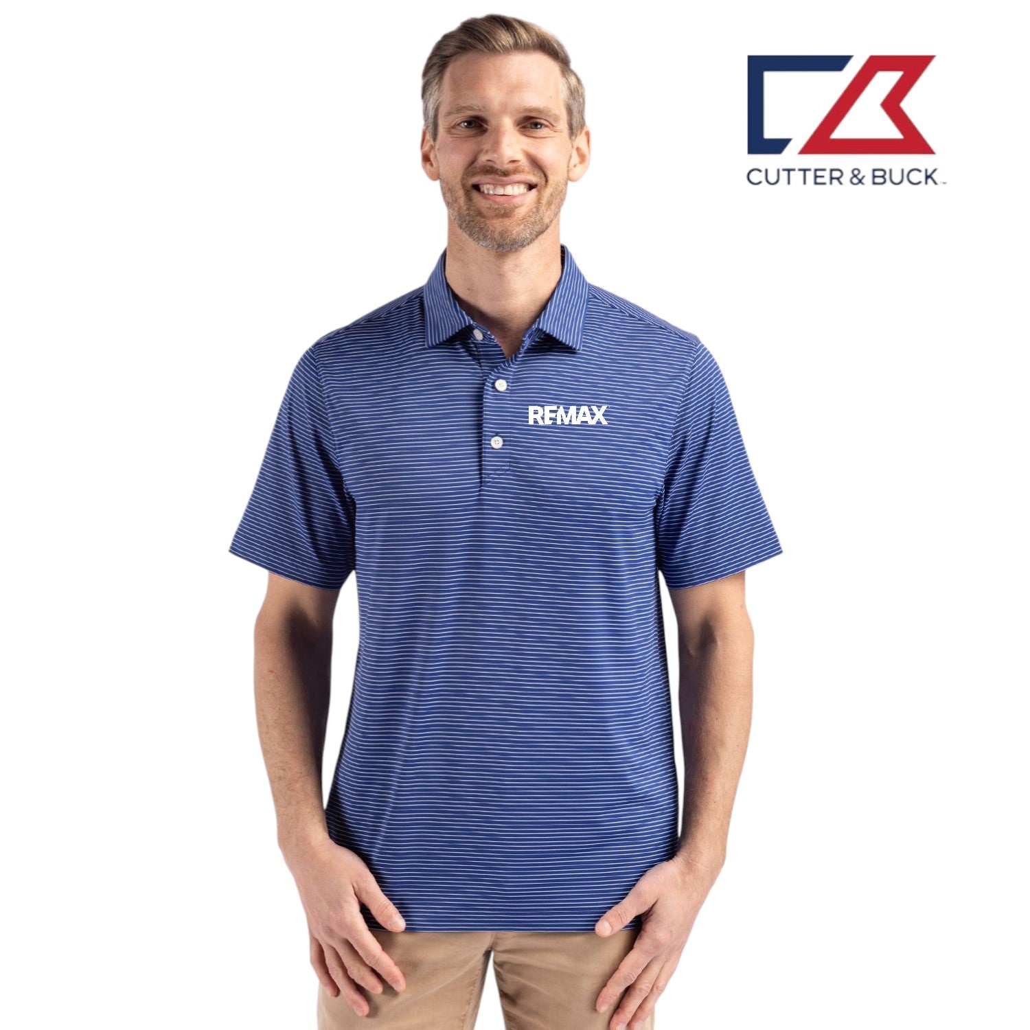Man wearing a blue striped polo shirt with RFAK logo, standing against a white background with Cutter & Buck logo.
