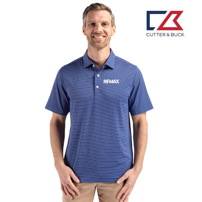 Man wearing a blue striped polo shirt with RFAK logo, standing against a white background with Cutter & Buck logo.