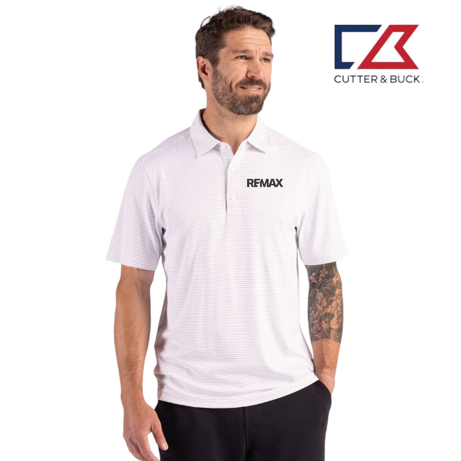 Man wearing a white polo shirt with REMAX logo, standing against a white background with Cutter & Buck logo.