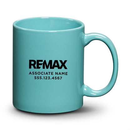 Turquoise mug with REMAX branding and contact information on a white background