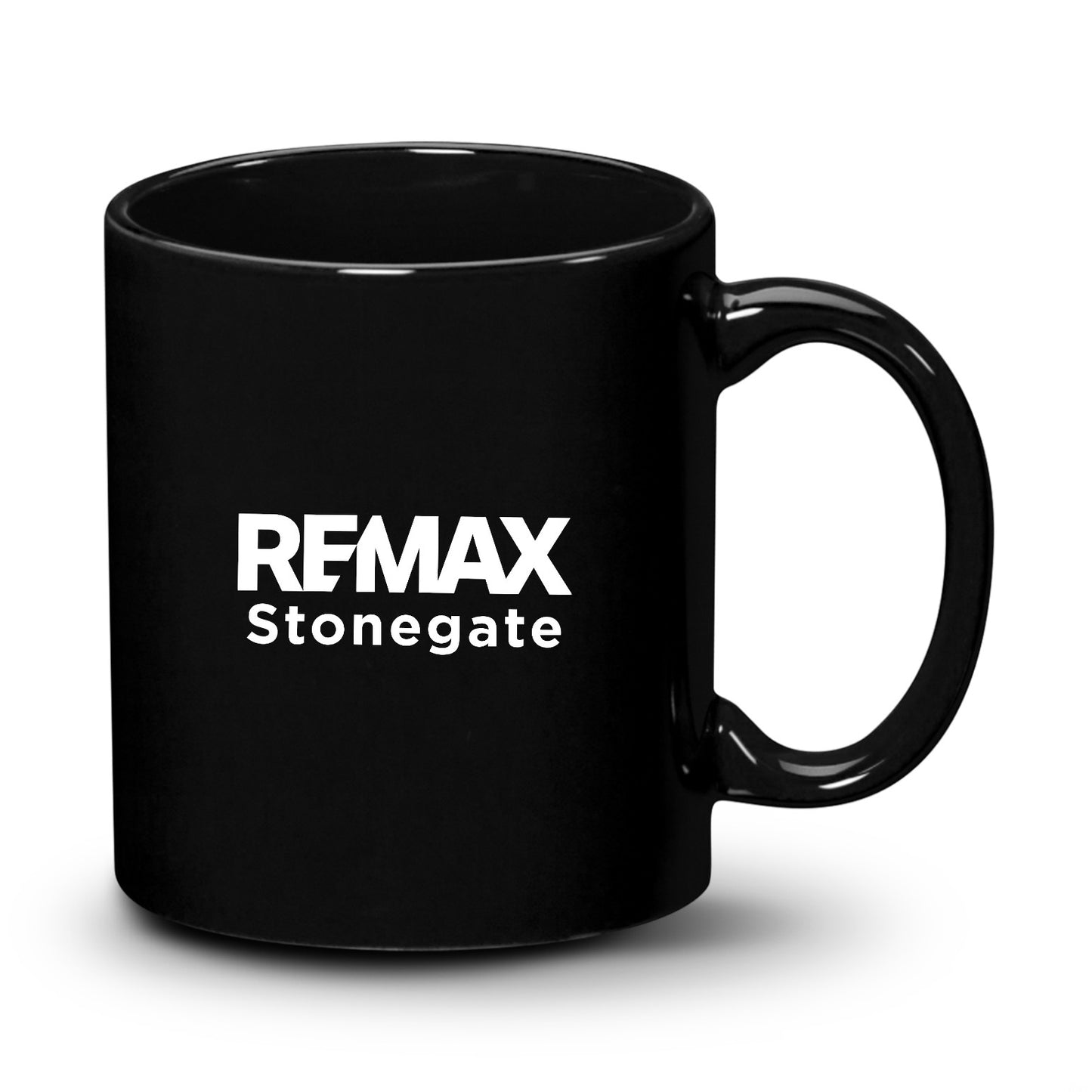 Black mug with REMAX Stonegate logo on a white background