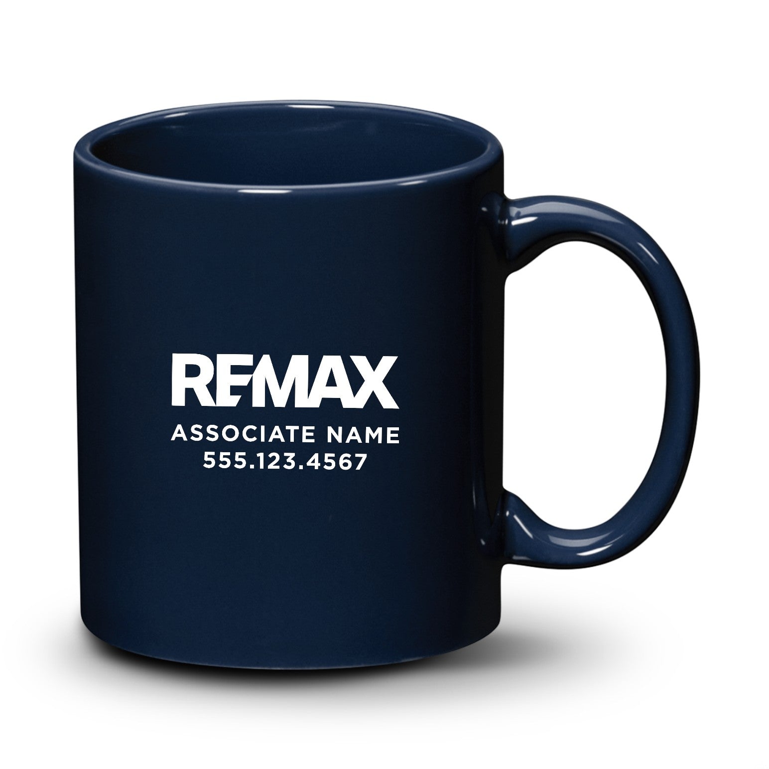 Navy blue mug with REMAX branding and contact information on a white background