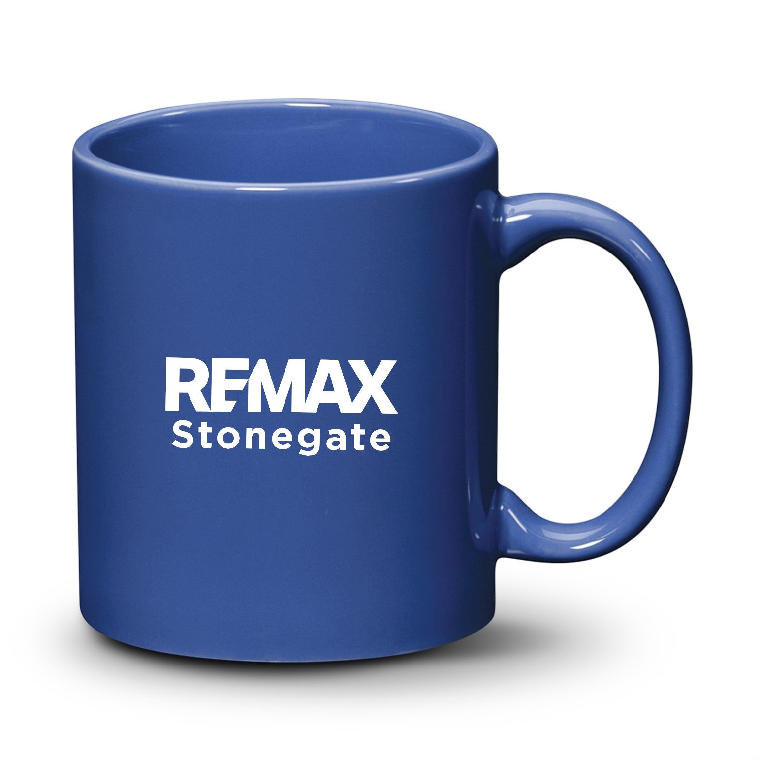 Blue mug with REMAX Stonegate logo on a white background
