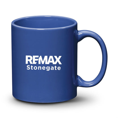 Blue mug with REMAX Stonegate logo on a white background