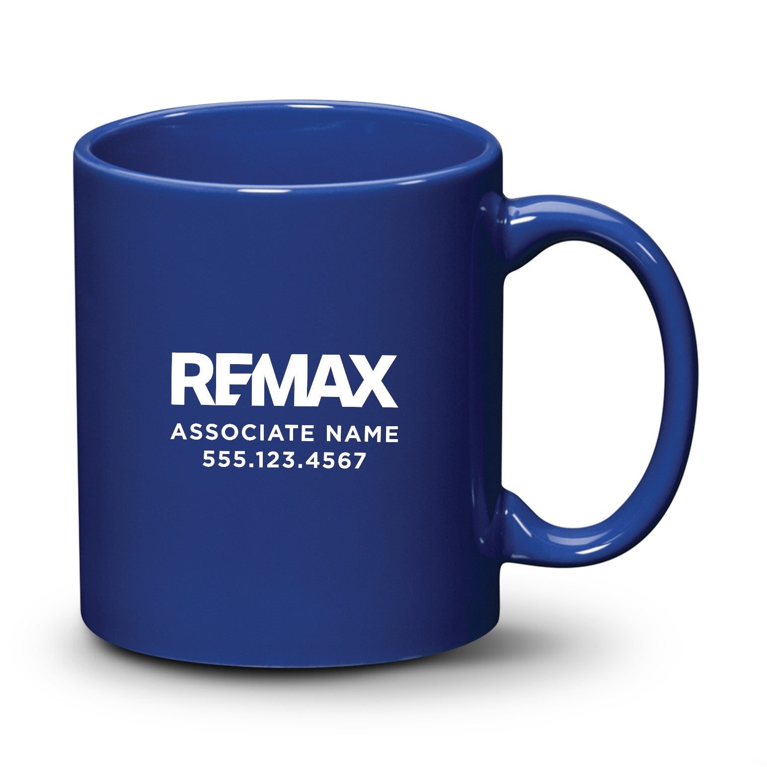 Blue mug with REMAX branding on a white background