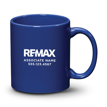 Blue mug with REMAX branding on a white background
