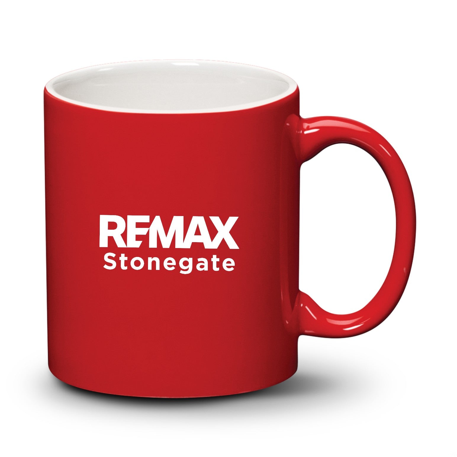 Red mug with 'REMAX Stonegate' logo on a white background