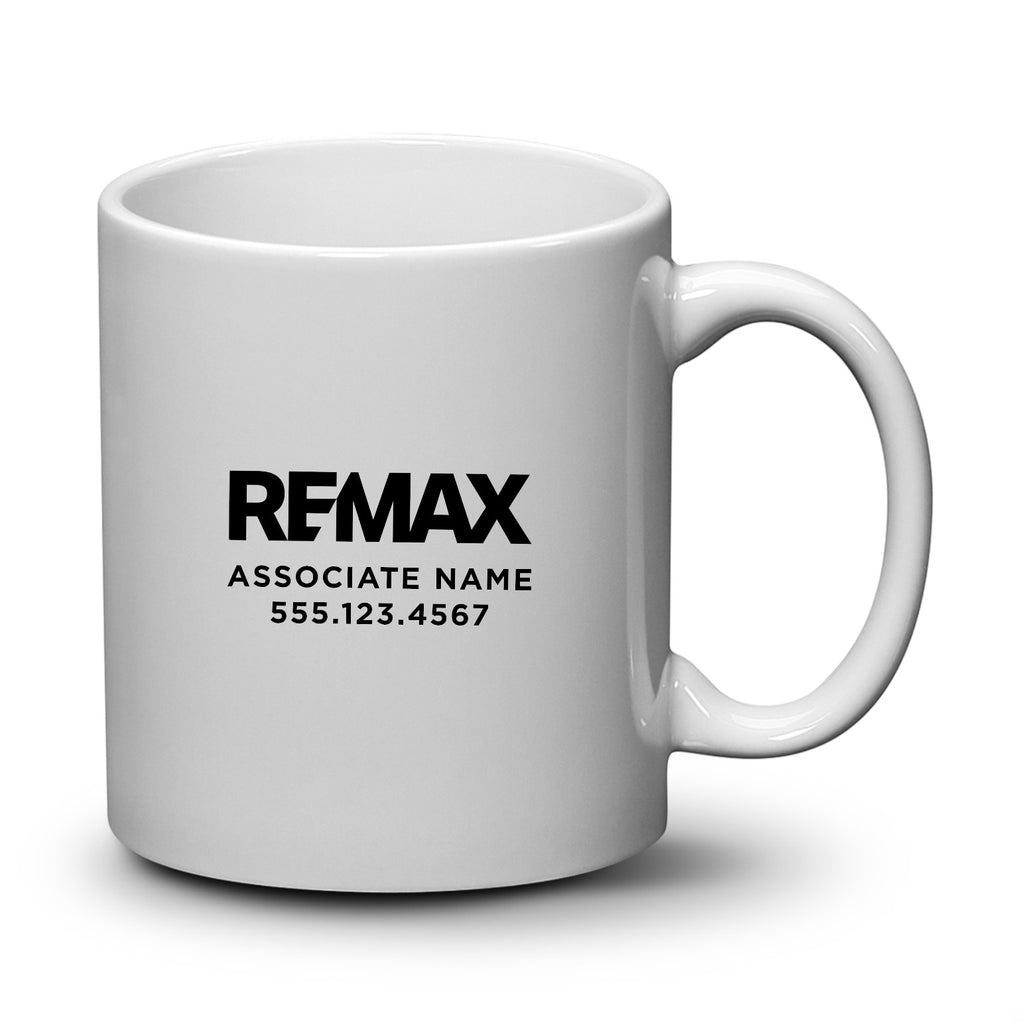 White mug with REMAX logo and text on a white background