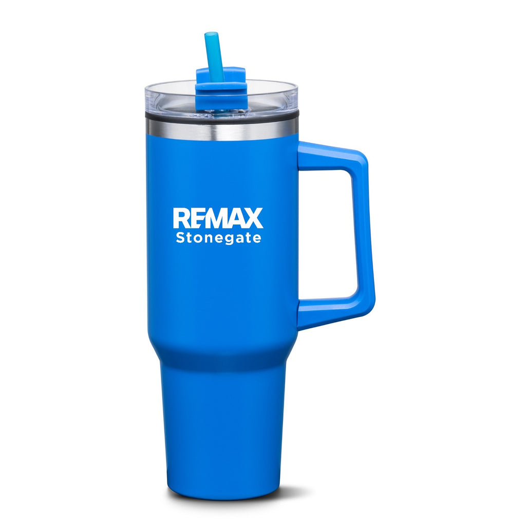 Blue travel mug with handle and straw lid, featuring REMAX Stonegate logo on a white background